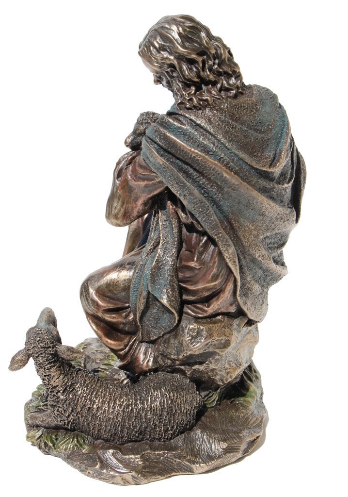 US 8.88 Inch Jesus Holding A Baby Lamb Cold Cast Bronze Figurine - Image 3
